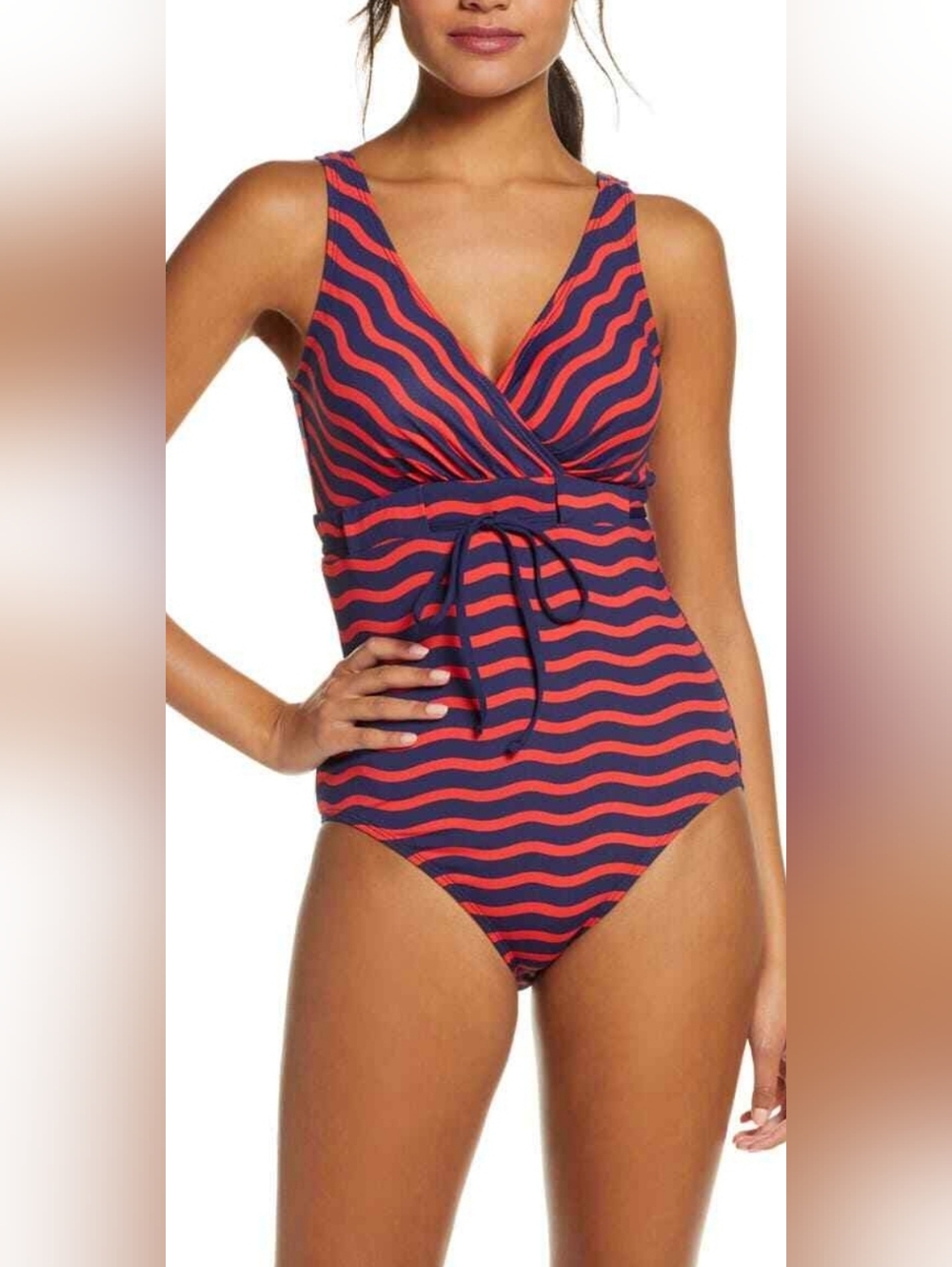 Tommy Bahama Red and Navy Wave-Stripe One-Piece Swimsuit